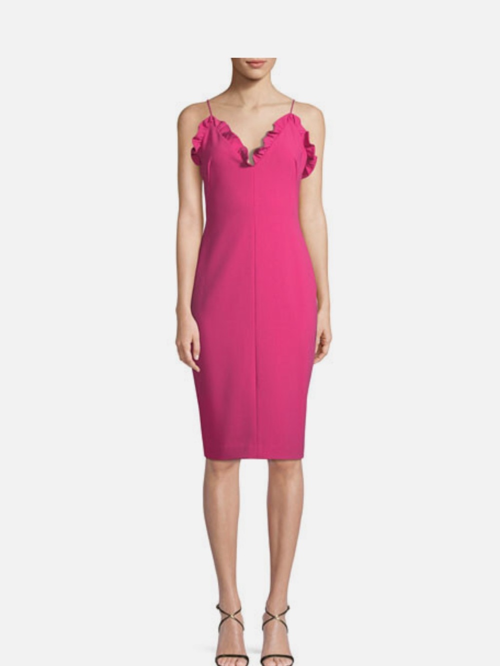 Black Halo Ruffle V-Neck Spaghetti Strap Midi Dress in Hot Pink